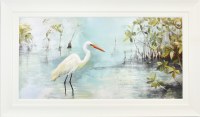 34" x 58" White Hunter Egret Gel Textured Coastal Print in a White Frame