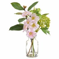 9" Faux Pink Cherry Blossom with Green Snowball Sprig in Glass Vase