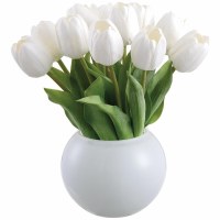 11" Faux White Tulips in White Glass Vase