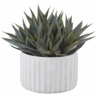 10" Faux Green Agave in White Ribbed Cement Pot