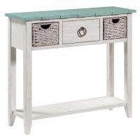 36" Distressed White and Tiffany Blue Top One Drawer Two Basket Console