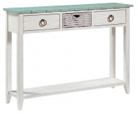 48" Distressed White and Tiffany Blue Top Two Drawer One Basket Console