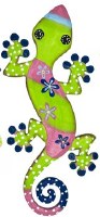 12" Green and Pink Wood Gecko Wall Plaque