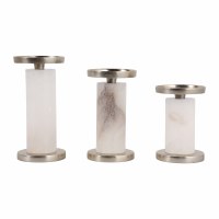Set of Three Silver Metal and White Alabaster Pillar Candle Holders