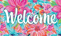 18" x 30" "Welcome" Pink and Orange Flowers Doormat