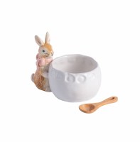 4" Pink Bow Bunny Ceramic Bowl with Spoon by Mud Pie