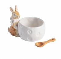 4" White Bow Bunny Ceramic Bowl with Spoon by Mud Pie