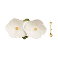 10" White Flower Two Compartment Ceramic Dish with Spoon by Mud Pie