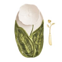 12" White Flower Ceramic Tray with Bowl and Spreader by Mud Pie