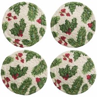 Set of Four 4" Round Holly on Braided Coasters