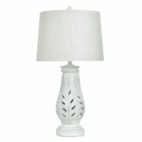33" Distressed White Openwork Tropical Leaves Polyresin Table Lamp