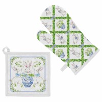 White Bunny Grid Oven Mitt and Potholder Set