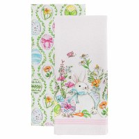 Set of Two White Bunny and Eggs Kitchen Towels