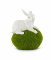 5.5"  White Polyresin Bunny Side Of Moss Egg Figurine