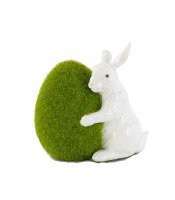 5.5"  White Polyresin Bunny Hugging Moss Egg Figurine