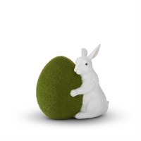 7"  White Polyresin Bunny Hugging Moss Egg Figurine