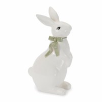 9" Ceramic White Bunny With Green Bow