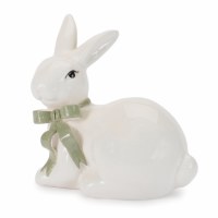 4.5" Ceramic White Bunny With Green Bow