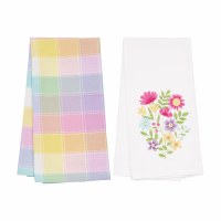 Set of Two 27" x 18" Multi Pastels Grid and Flower Kitchen Towel