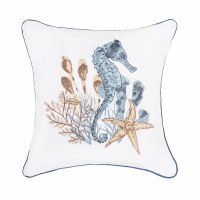 18" Sq Blue and Brown Seahorse Sands Embroidered Decorative Coastal Pillow