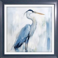 30" Sq Blue Heron 1 in Dark Blue Frame Coastal Gel Print