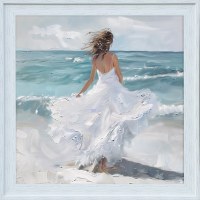 37" Sq White Dress Woman on Beach Coastal Gel Print in Distressed White Frame