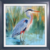 30" Sq Blue Heron with Reeds 1 in Dark Blue Frame Coastal Gel Print