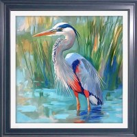 30" Sq Blue Heron with Reeds 2 in Dark Blue Frame Coastal Gel Print
