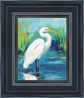 20" x 17" White Heron In Reeds 1 Gel Textured Framed Coastal Print in a Dark Blue Frame