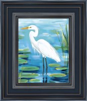 20" x 17" White Heron In Reeds 2 Gel Textured Framed Coastal Print in a Dark Blue Frame