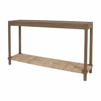 58" Brown Wood Console Table with Woven Shelf