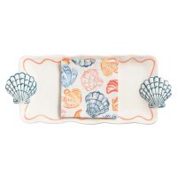 6" x 14" Multi Color Ceramic Shell Tray With Pack of Napkins by Mud Pie