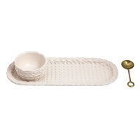 5" x 13" White Ceramic Faux Woven Tray with Bowl and Spoon by Mud Pie