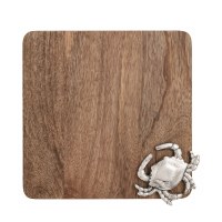 8" Sq Brown Mango Wood Board with Metal Crab by Mud Pie