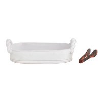 6" x 12" White Twist Handle Ceramic Bread Bowl with Tongs by Mud Pie