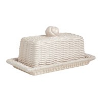 7" White Faux Woven Ceramic Butter Dish