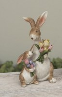 5.5" Polyresin Brown Bunny With Baby and Pink Tulips