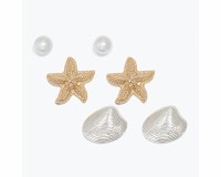 Set of Three Silver Clam Gold Starfish and Faux Pearl Earrings