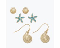 Set of Three Aqua Bling Starfish and Gold Shells Earrings