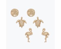 Set of Three Gold Flamingo Turtle and Sand Dollar Earrings
