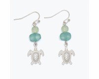 Silver Turtle and Green Sea Glass Earrings