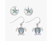Set of Two Silver With Blue Turtle and Sand Dollar Earrings