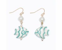 Teal and White Ceramic Fish Earrings