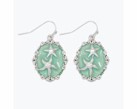 Antiqued Silver and Green Starfish Oval Earrings