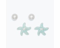 Set of Two Silver With Aqua Starfish and Faux Pearl Earrings