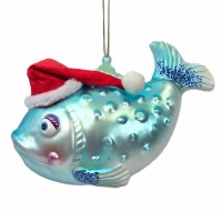 5" Blue Fish With Red Hat Glass Ornament