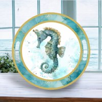 14" Round Blue Green Seahorse Tray With Handles