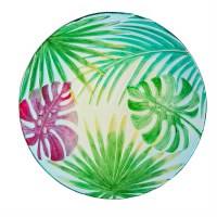 18" Round Green and Pink Tropical Leaves Glass Bowl