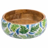 10" Round Blue and Green Fronds Wood Bowl
