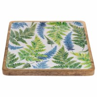 10" Sq Blue and Green Fronds Wood Platter